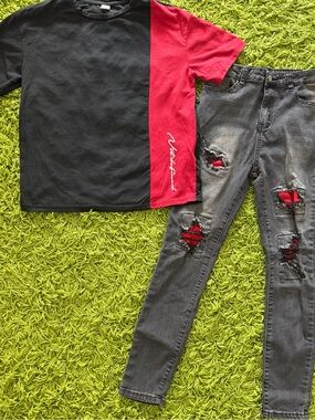 SHEIN Black and Red Boys Matching Tee and Ripped Jeans Set